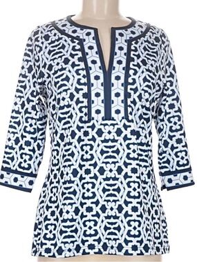 Gretchen Scott Navy White Geometric Print Tunic Top Block Print Preppy Large